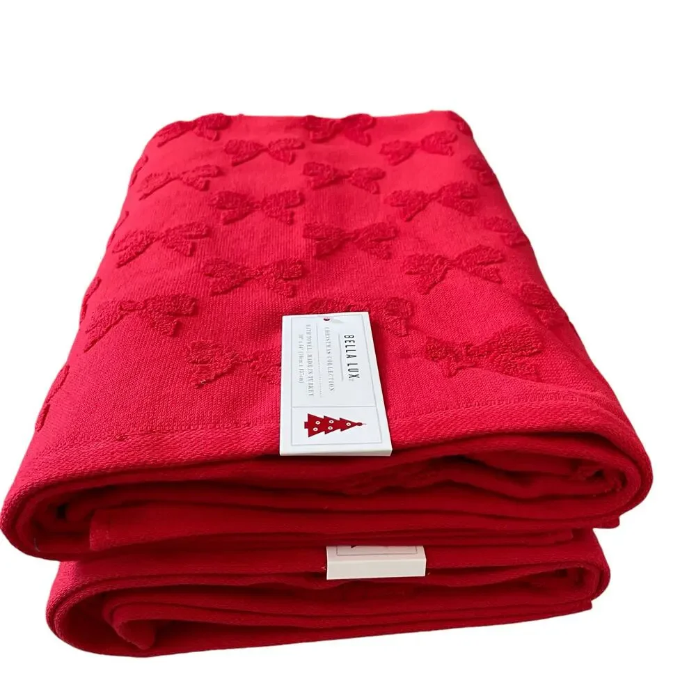 Bella Lux Christmas BOWS Bath Towel Set of 2 Chic Holiday Red Bathroom Decor New